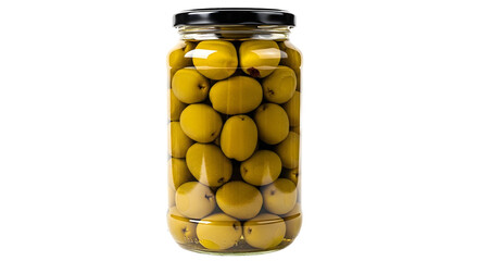 A jar of green olives preserved in brine liquid on transparent background