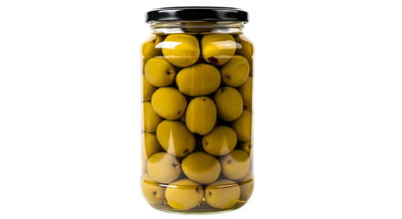 A jar of green olives preserved in brine liquid on transparent background