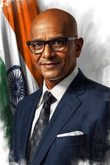 Confident indian businessman wearing glasses and suit with indian flag background