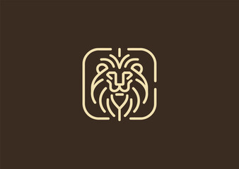A majestic lion head logo in detailed line art, representing courage, strength, and royalty, drawn with elegant flowing lines in a clean minimalist vector design