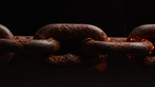 Close-up of rusty chain with bright sparks flying in a dark environment