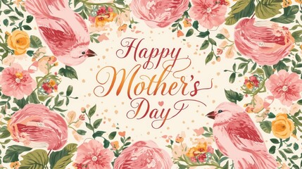 Vintage floral frame with happy mothers day text and pink roses