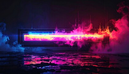 Glowing rectangle emits colorful smoke on a dark, wet surface
