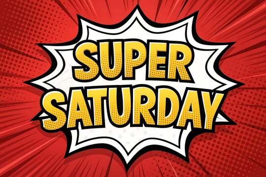 Super Saturday Comic Burst Banner With Bold Yellow Text On Red Radial Background

