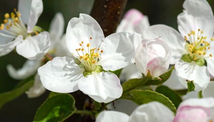 Close-up shot of blooming apple tree flowers with white petals and yellow stamens