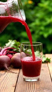 A vibrant red liquid is poured from a glass pitcher into a glass, next to beetroots and foliage on wooden table