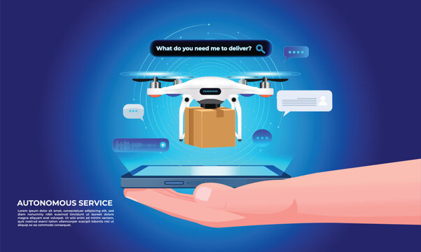 Fast and efficient drone delivery service powered by AI-driven virtual assistant. Futuristic chatbot design for smartphones streamlines orders and tracks drone-delivered products in real time.