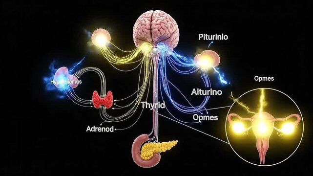 Detailed 3D Animation of Human Endocrine System Interconnections with the Brain and Female Reproductive Organs Highlighting Neural Pathways and Glandular Functions