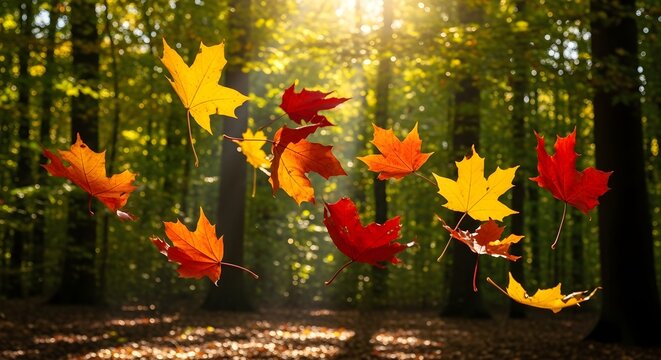 Golden sunlight illuminating a vibrant cascade of autumn leaves gracefully suspended and drifting through a tranquil forest, capturing the season's ethereal beauty and warmth