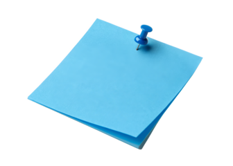blue sticky note with a thumbtack isolated on a transparent background.
