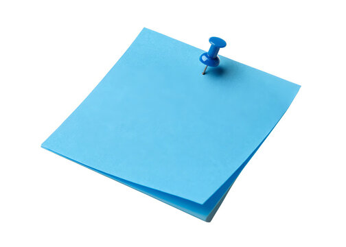 blue sticky note with a thumbtack isolated on a transparent background.