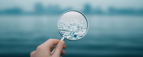 Close-up of Handheld Magnifying Glass Examining Microplastics in Seawater with High Contrast