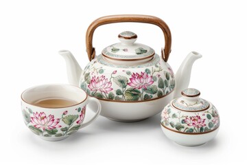 Exquisite Hand-Painted Porcelain Tea Set with Lotus Flowers in Traditional Chinese Style Reflecting Cultural Elegance, Isolated on White Background