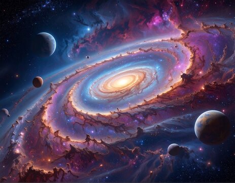 Vivid, swirling nebula with planets, bathed in cosmic radiance