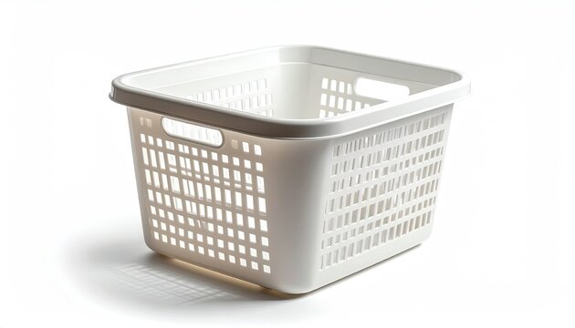 White, plastic, square laundry basket with handle holes