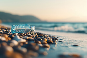 Concerning plastic bottle waste on pebble beach. sad symbol of ocean pollution and environmental damage at sunset