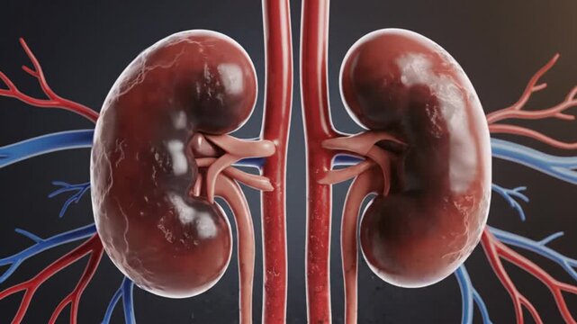 Detailed 3D render of healthy human kidneys with visible renal arteries and veins, illustrating the complex structure of the excretory system and vital organ function