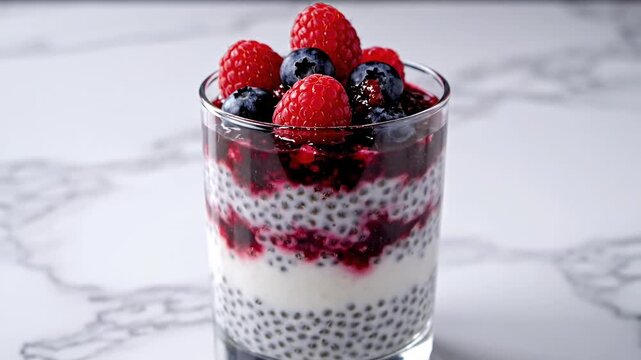 Delicious and healthy chia seed pudding parfait with layers of fresh raspberries sweet blueberries and vibrant berry compote a perfect nutritious breakfast or l