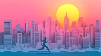 Urban Jogging Silhouette Running Through a Modern Cityscape at Sunset