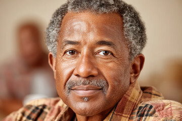 Mature man with gray hair looks calmly at camera promoting prostate health and PSA awareness for better health care
