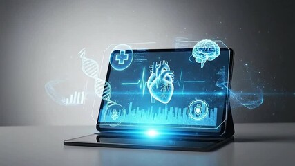Digital Heart Health Monitoring Futuristic Technology Displaying Medical Data and DNA Helix on Tablet Screen with Abstract Blue Glow and Bokeh Effects - Powered by Adobe