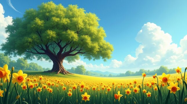 Vibrant summer meadow with large oak tree and blooming yellow flowers under a blue sky - Powered by Adobe