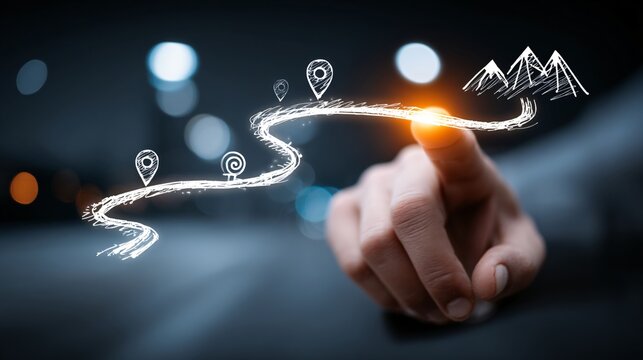 Businessman hand pointing at futuristic journey roadmap with milestones, abstract route timeline concept