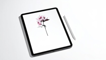 Flower on tablet screen, stylus aside, on bright surface