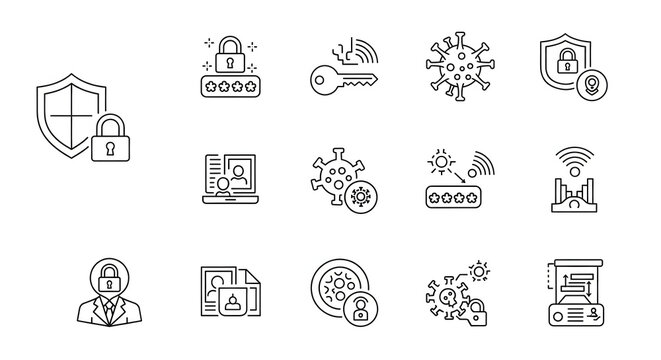 Digital Security Icons Set: A collection of meticulously crafted digital security icons, symbolizing protection and safety in the digital realm. Embodying themes of encryption, privacy.