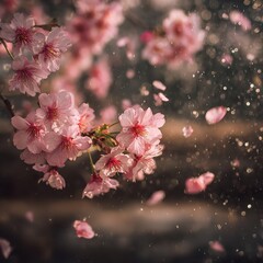 Delicate pink cherry blossoms bloom in spring, with petals gently falling like snow, creating a magical and serene atmosphere