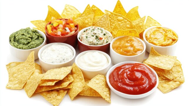 Variety of savory nachos and dips on a white background