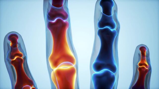 Animated Hand XRay Showing Bone Structure and Joint Movement in Red and Blue