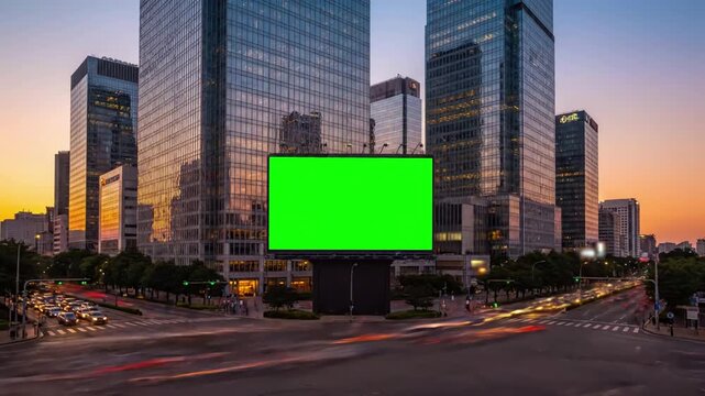 Digital Out-of-Home Media with modern billboard a green screen for advertising on busy crossroad street traffic and skyscrapers timelapse of at sunset loop video distortion, overlay, glitch, static