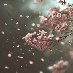 Delicate pink cherry blossoms gently falling petals in the soft, diffused light of a spring day, creating a serene and ethereal atmosphere