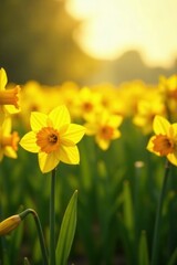 Fototapeta premium Golden Hour Daffodils in a Lush Meadow, Bathed in Warm Sunlight, Creating a Vibrant and Serene Springtime Scene