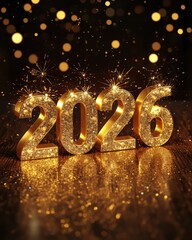 Golden 2026 numbers illuminated with sparkling lights and bokeh
