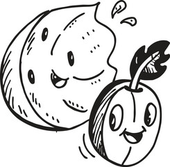 Happy cartoon cookie and smiling plum line art food illustration