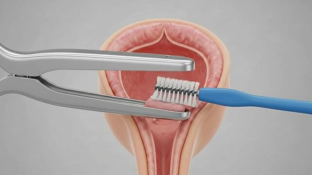 Medical Animation Depicting Uterus Cleaning Procedure with Surgical Instruments and Brush Showing Internal Anatomy and Delicate Tissues