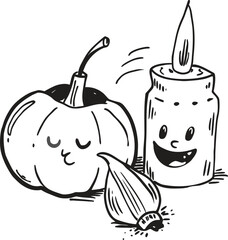 Halloween doodle art: happy candle, sleepy pumpkin, and garlic