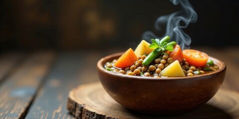 Aromatic lentil stew with assorted vegetables, steaming in a rustic wooden bowl on a wooden surface