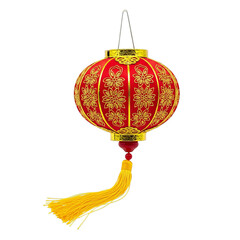 Traditional chinese red lantern with golden intricate patterns and yellow tassel isolated on transparent background