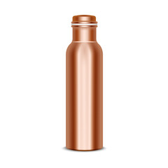 Realistic shiny copper water bottle with screw cap isolated on white front view, 3d vector mockup for ayurveda lifestyle, yoga, or wellness beverage packaging and presentation.