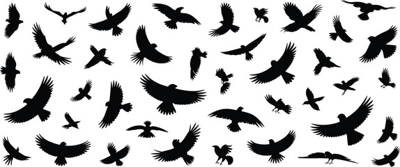 Flying birds silhouette, black bird shapes, avian motion, wildlife silhouettes, bird flight patterns, nature illustration, flock in air, artistic bird silhouettes, isolated flying birds