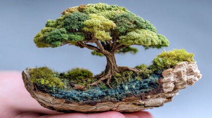 A detailed miniature diorama of a tree growing on a small, floating island made of wood and moss, with visible roots and a hint of blue water.