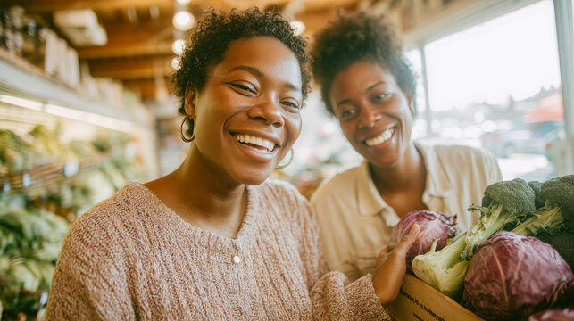 Two women are smiling while shopping for fresh vegetables in a grocery store. They are standing near a display of cabbages and leafy greens by a large window.