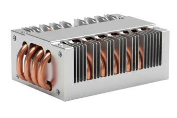 Close Up Of A Silver And Copper CPU Heat Sink With Copper Heat Pipes isolated on Transparent Background