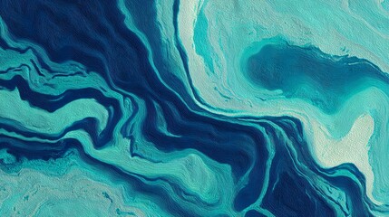 Abstract fluid art with swirling patterns of deep blue and turquoise, creating a mesmerizing marbled effect with a textured, shimmering finish