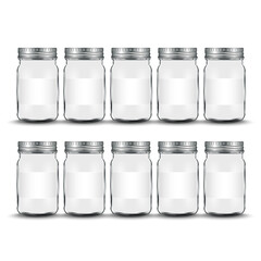 Set of ten glass spice jars with blank labels and metallic screw caps isolated on white front view, masala jars vector 3d mockup for kitchen spice storage or home canning template.