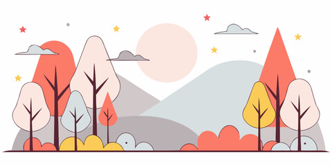 Whimsical Flat Design Landscape with Trees and Clouds