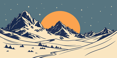 Vintage Style Snowy Mountain Landscape at Sunset winter